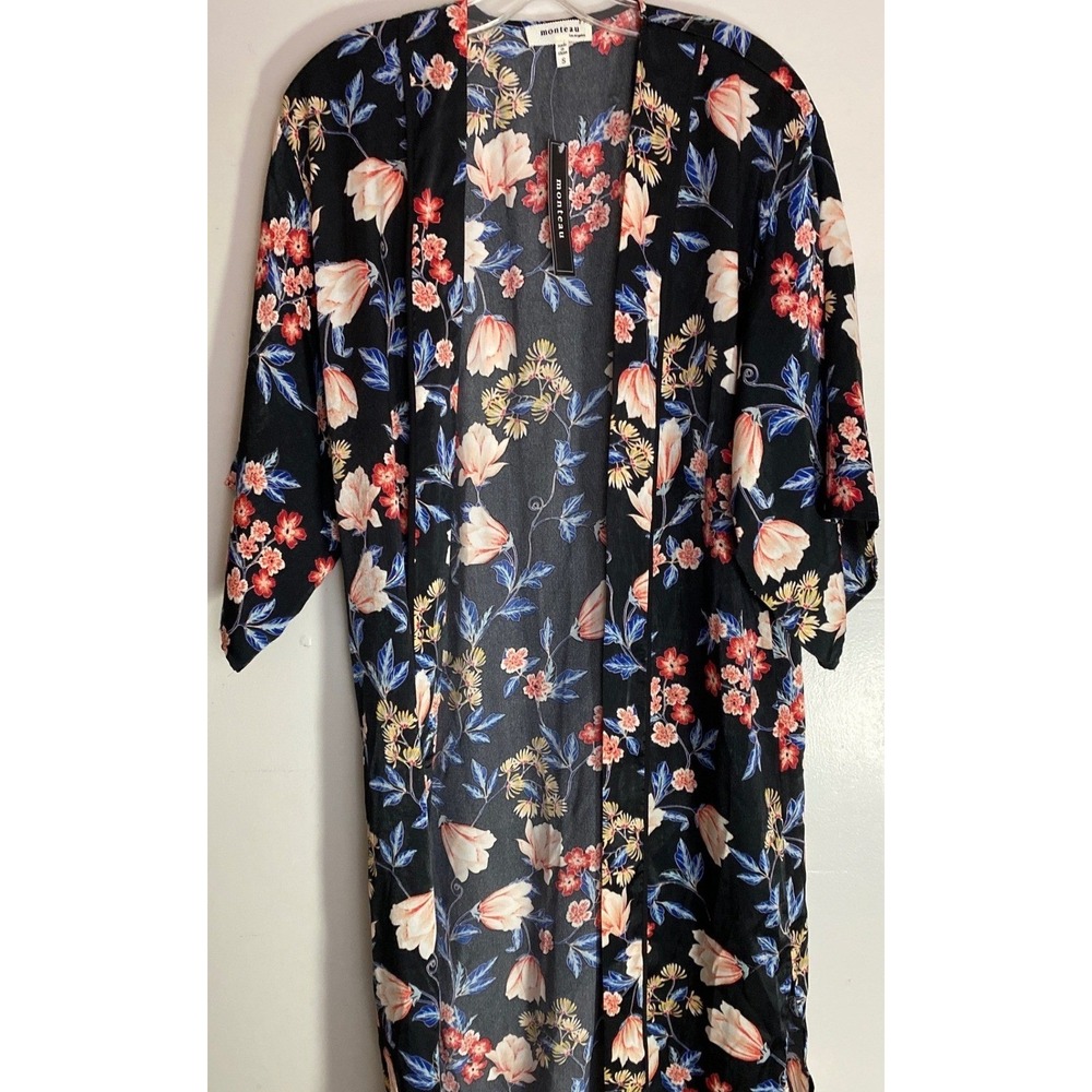 Monteau Floral Kimono Duster Women S Black Pink Excellent Long Open Front Boho